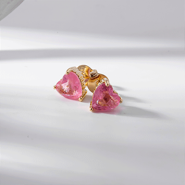 Brinco Coração Médio Rosa Fusion Banho de Ouro 18k