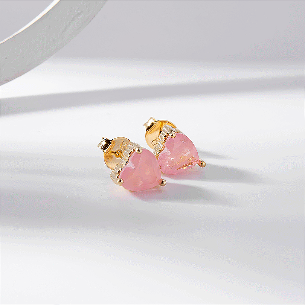 Brinco Coração Médio Rosa Claro Fusion Banho de Ouro 18k