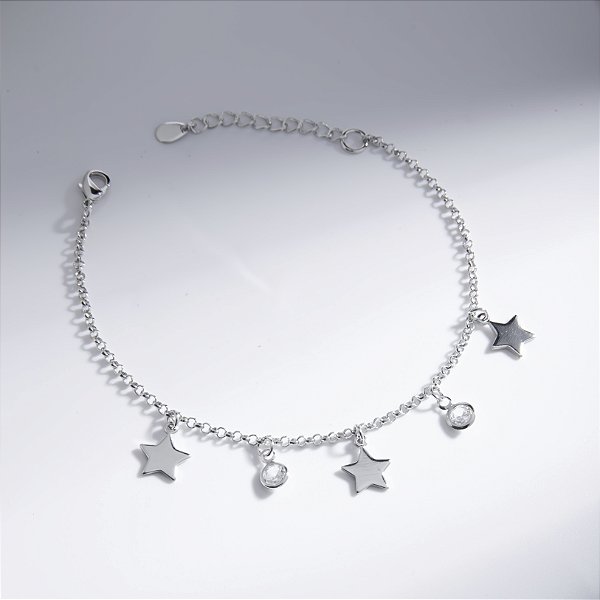 Pulseira Penduricalhos Estrelas e  Pontos Luz Banho de Ródio Branco