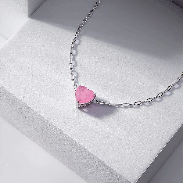 Colar Coração Rosa Fusion Banho de Ródio Branco