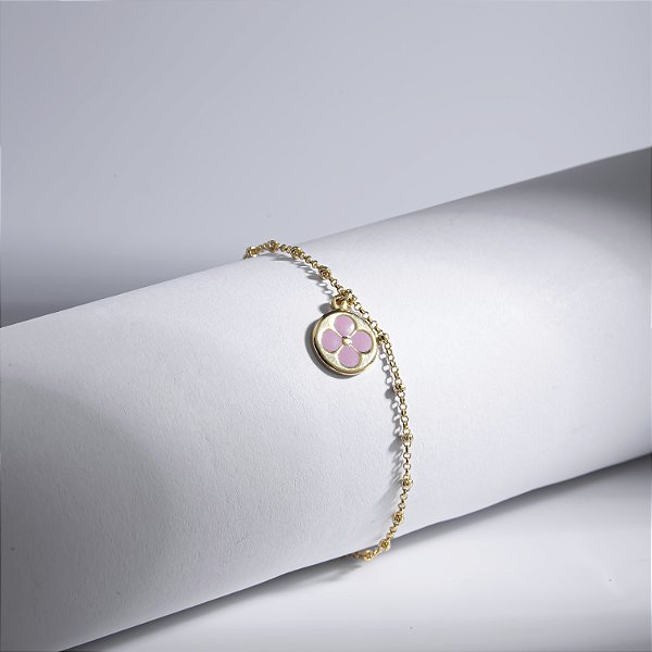 Pulseira Infantil VQzinha Flor Esmaltada Rosa Banho de Ouro 18k