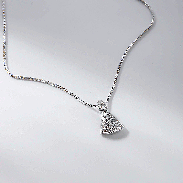 Colar Nossa Senhora Aparecida Zircônias Banho de Ródio Branco