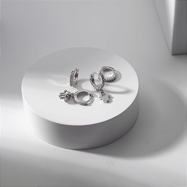 Duo Brinco Argola Zircônia Incolor Mão de Fátima Banho de Ródio Branco