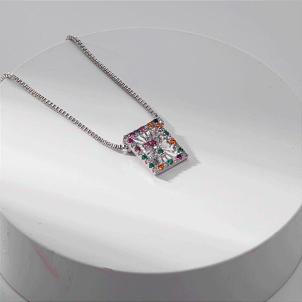Colar Cruz Cravejado Zircônias Coloridas Banho de Ródio Branco