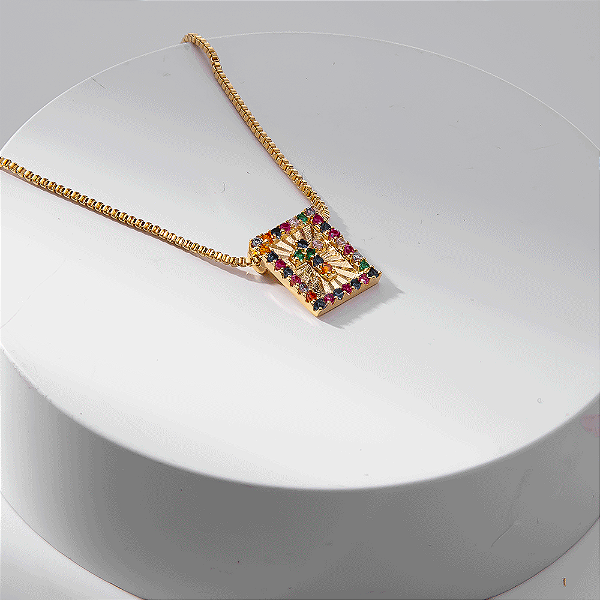 Colar Cruz Cravejado Zircônias Coloridas Banho de Ouro 18k