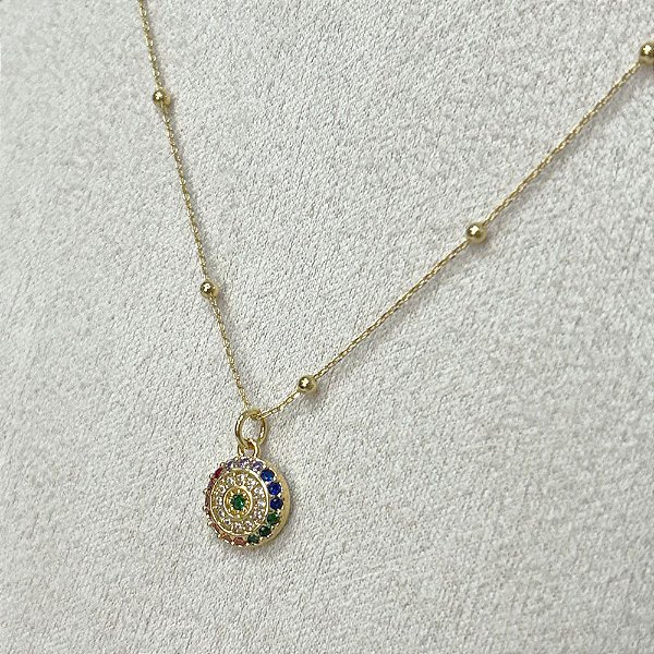 Colar Curto Círculo Zircônias Coloridas Banho de Ouro 18k