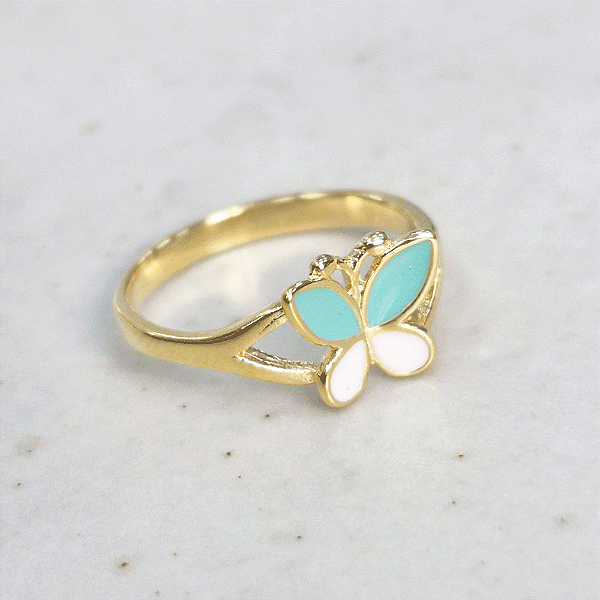 Anel Infantil Borboleta Verde e Branco Banho de Ouro 18k