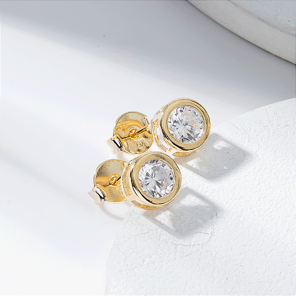Brinco Ponto de Luz Zircônia Incolor Banho de Ouro 18k