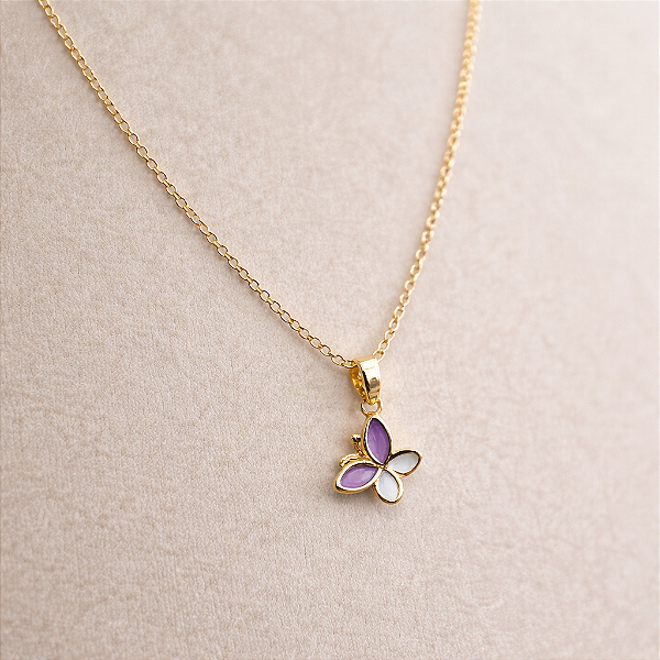 Colar Infantil VQzinha Borboleta Lilás e Branca Banho de Ouro 18k