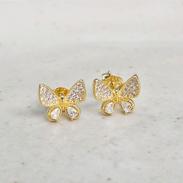 Brinco Borboleta Cravejada Zircônia Incolor Banho de Ouro 18k