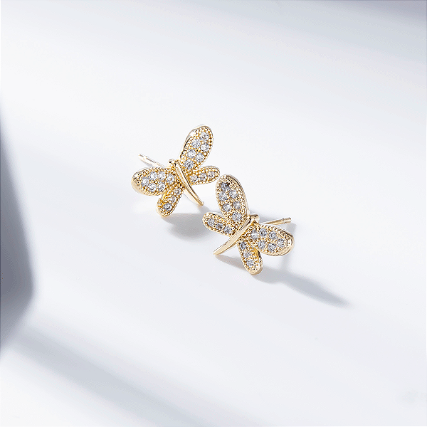 Brinco Libélula Zircônia Incolor Banho de Ouro 18K