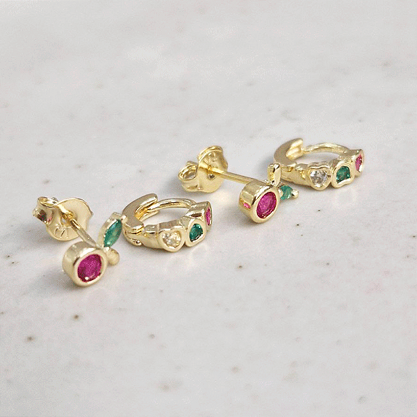 Duo Argola Cereja Zircônia Coloridas Banho de Ouro 18k