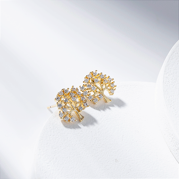 Brinco Árvore da Vida Zircônia Incolor Banho de Ouro 18K