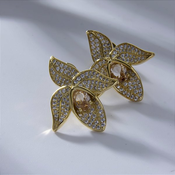 Brinco Orquídea Zircônia Morganite Banho de Ouro 18k