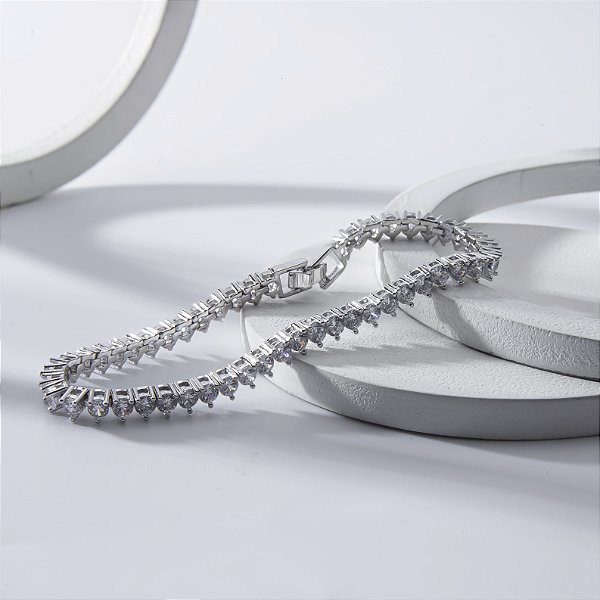 Pulseira Riviera Três Pontas Zircônia Incolor Banho de Ródio Branco