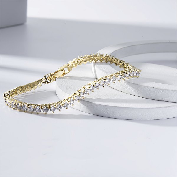 Pulseira Riviera Três Pontas Zircônia Incolor Banho de Ouro 18k