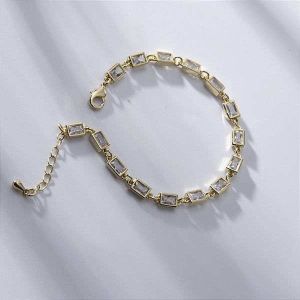 Pulseira Zircônias Retangulares Incolor Banho de Ouro 18k