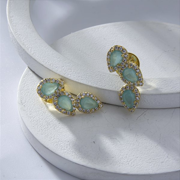 Brinco Ear Cuff Cravejado Zircônia Verde Claro Banho de Ouro 18k