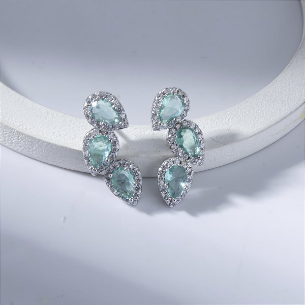 Brinco Ear Cuff Cravejado Zircônia Turmalina Banho de Ródio Branco
