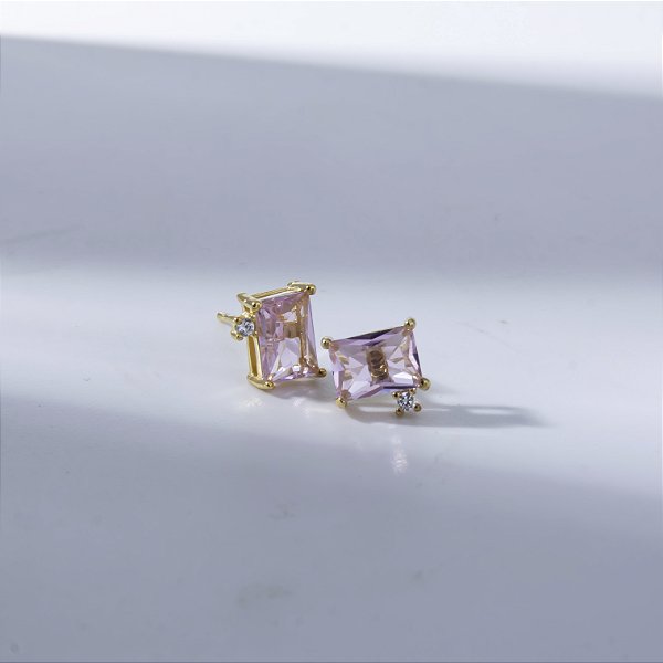 Brinco Retangular Rosa Ponto de Luz Banho de Ouro 18k