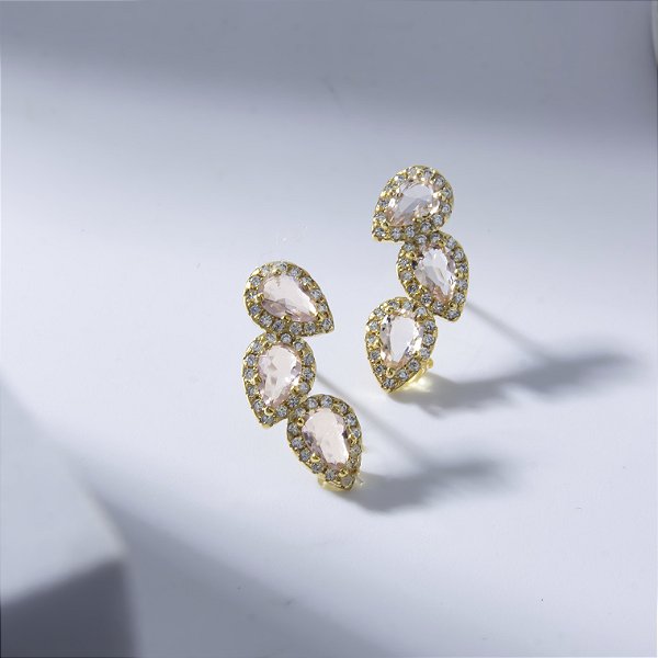 Brinco Ear Cuff Cravejado Zircônia Morganite Banho de Ouro 18k