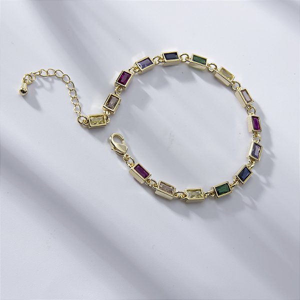 Pulseira Zircônias Retangulares Coloridas Banho de Ouro 18k