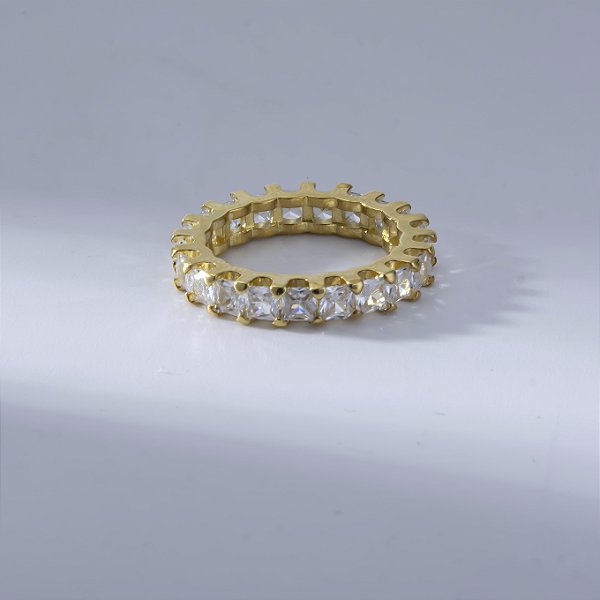 Anel Zircônias Incolores Banho de Ouro 18k