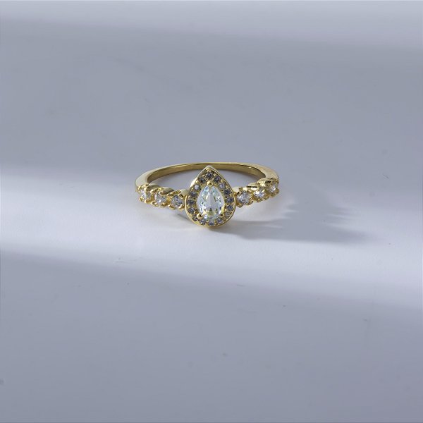 Anel Gota Zircônia Sky Blue Banho de Ouro 18k