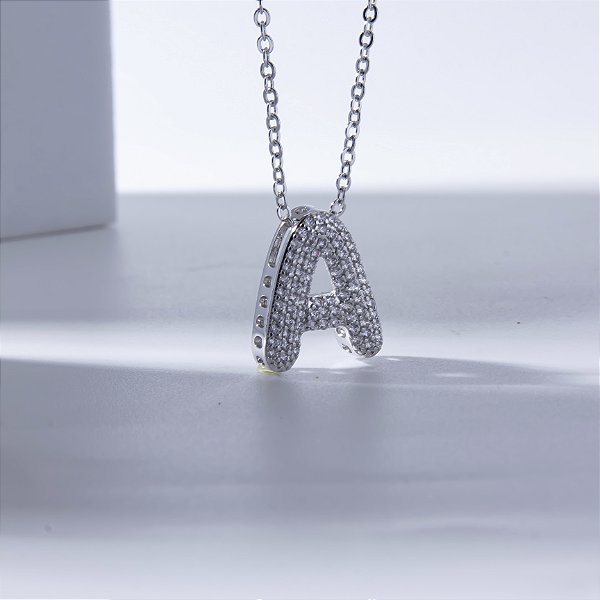 Colar Letra Inicial Bubble Zircônias Banho de Ródio Branco