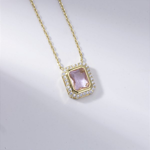 Conjunto Brinco e Colar Zircônia Rosa Banho de Ouro 18k