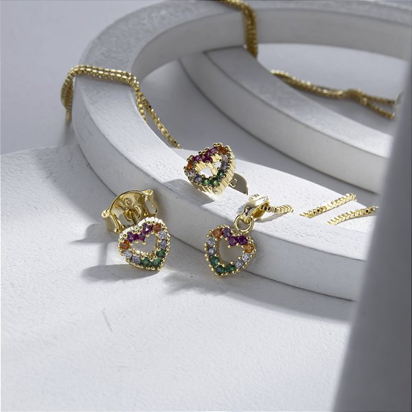 Conjunto Coração Zircônias Coloridas Banho de Ouro 18k