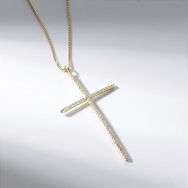 Colar Crucifixo Cravejado Zircônias Banho de Ouro 18k