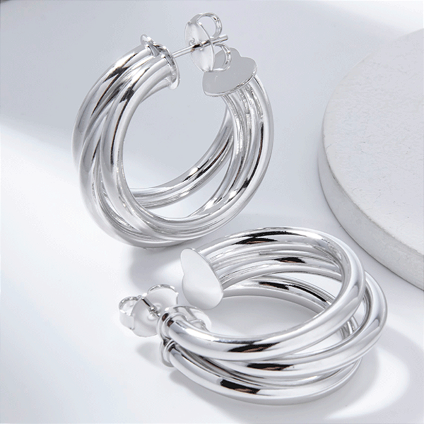 Argola Tripla Grande Banho de Ródio Branco
