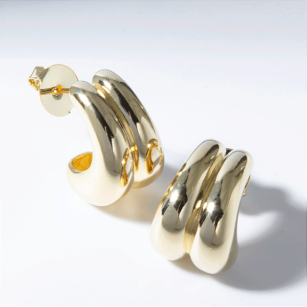 Brinco Ear Hook Duplo Liso Banho de Ouro 18k