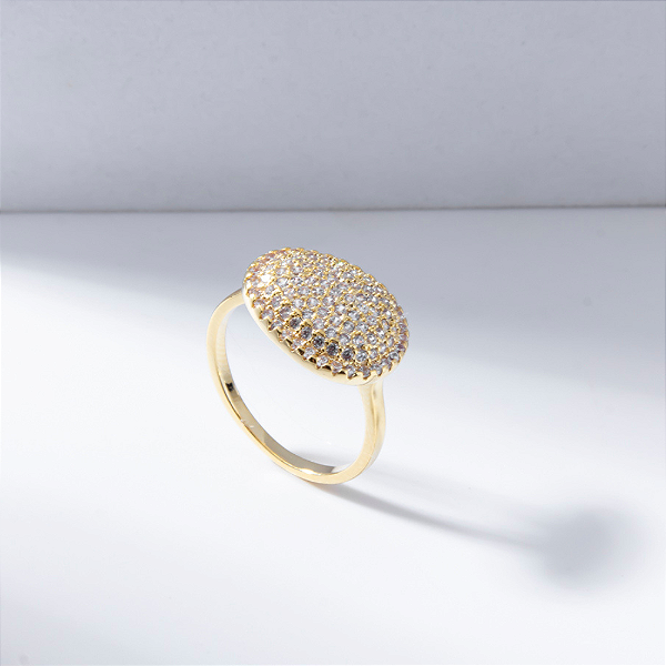 Anel Oval Cravejado Zircônia Incolor Banho de Ouro 18k