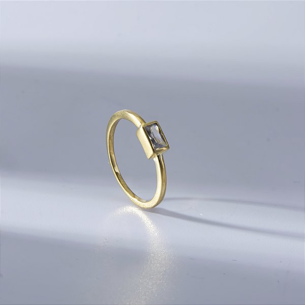 Anel Zircônia Incolor Retangular Banho de Ouro 18k