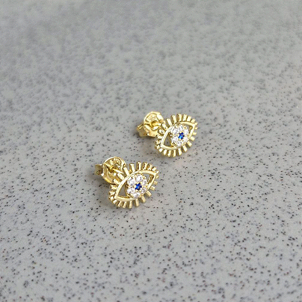 Brinco Olho Grego Cravejado Banho de Ouro 18k