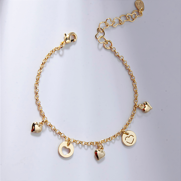 Pulseira Infantil Medalha Corações Banho de Ouro 18k
