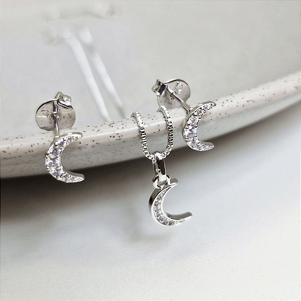 Conjunto Colar e Brinco Lua Zircônia Incolor Banho de Ródio Branco