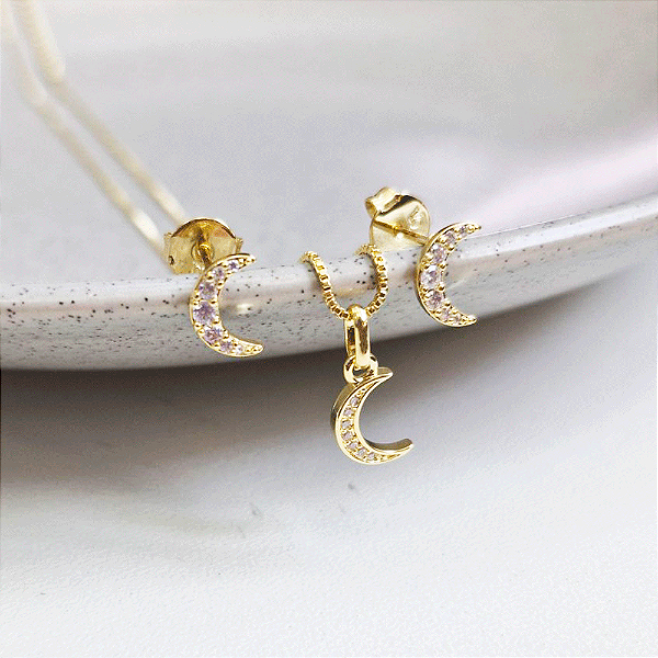 Conjunto Colar e Brinco Lua Zircônia Incolor Banho de Ouro 18k