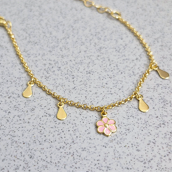 Pulseira Infantil Flor Rosa Seis Pétalas Banho de Ouro 18k