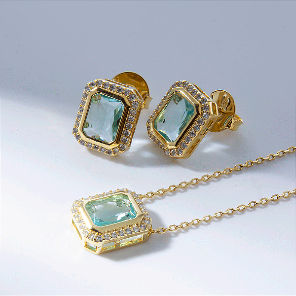 Conjunto Zircônia Sky Blue Retangular Banho de Ouro 18k