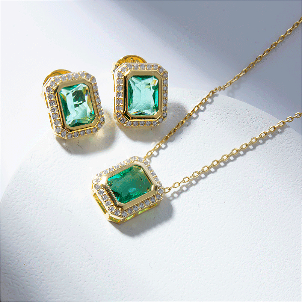 Conjunto Zircônia Turmalina Retangular Banho de Ouro 18k