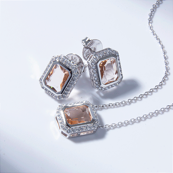 Conjunto Zircônia Morganite Retangular Banho de Ródio Branco