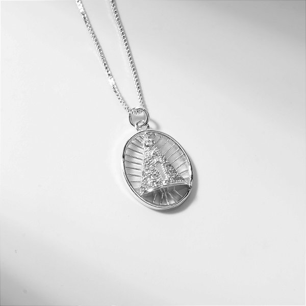 Colar Nossa Senhora Aparecida Detalhes Zircônias Banho de Ródio Branco