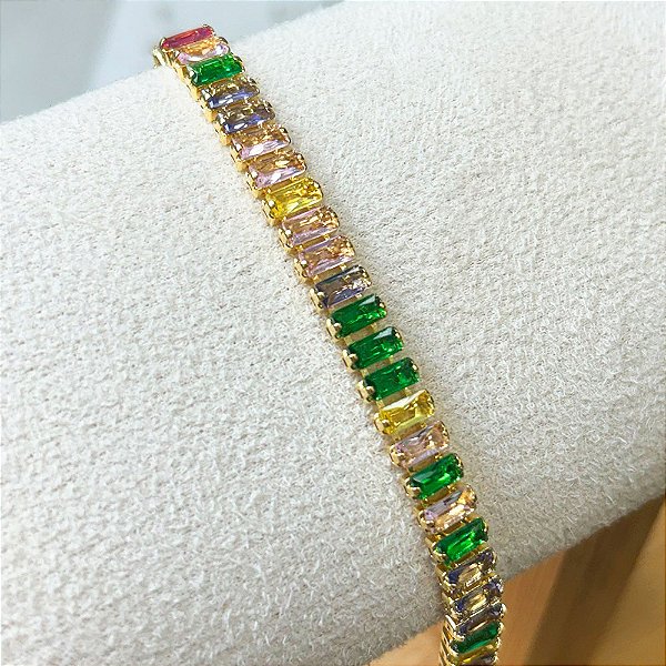 Pulseira Média Baguettes Coloridas Banho de Ouro 18k
