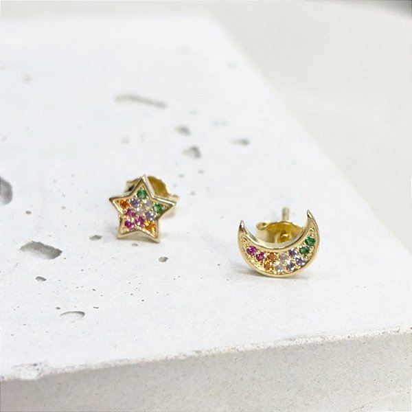 Brinco Pequeno Estrela e Lua Colorido Banho de Ouro 18k