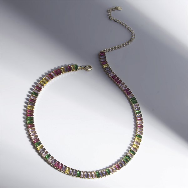 Colar Riviera Zircônias Baguetes Coloridas Banho de Ouro 18k