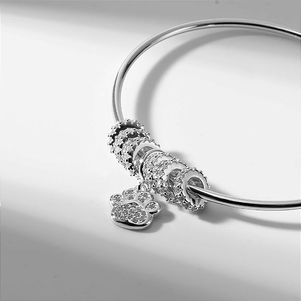 Bracelete Pet Penduricalhos Patinha Zircônias Incolor Banho de Ródio Branco