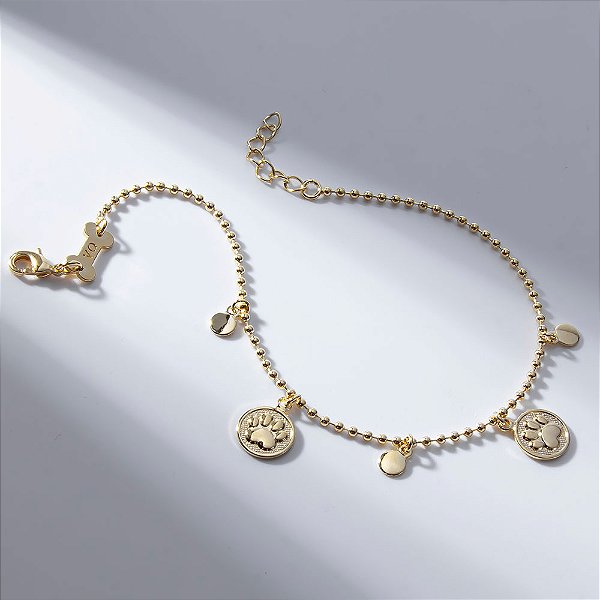 Pulseira Pet Mini Esferas e Patinha Banho de Ouro 18k